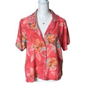 Jams World Woman Hawaiian Print Short Sleeve Blouse Button Up Size M Orange Red